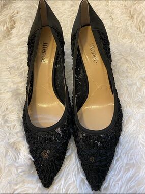 Rene Caovilla Black Pointed Toe Sequin Lace Heels